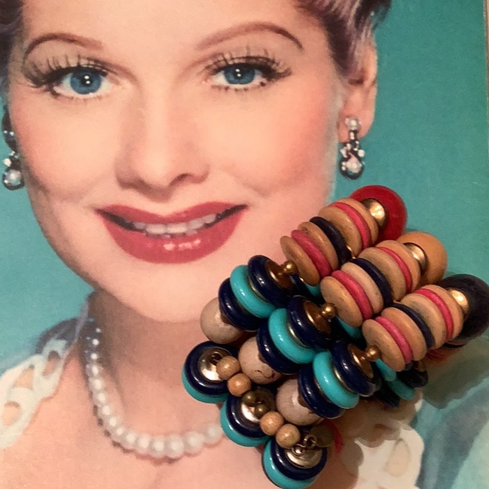 *RARE* MIRIAM HASKELL 3-Strand Wood Metal Wrap Bracelet. Signed.